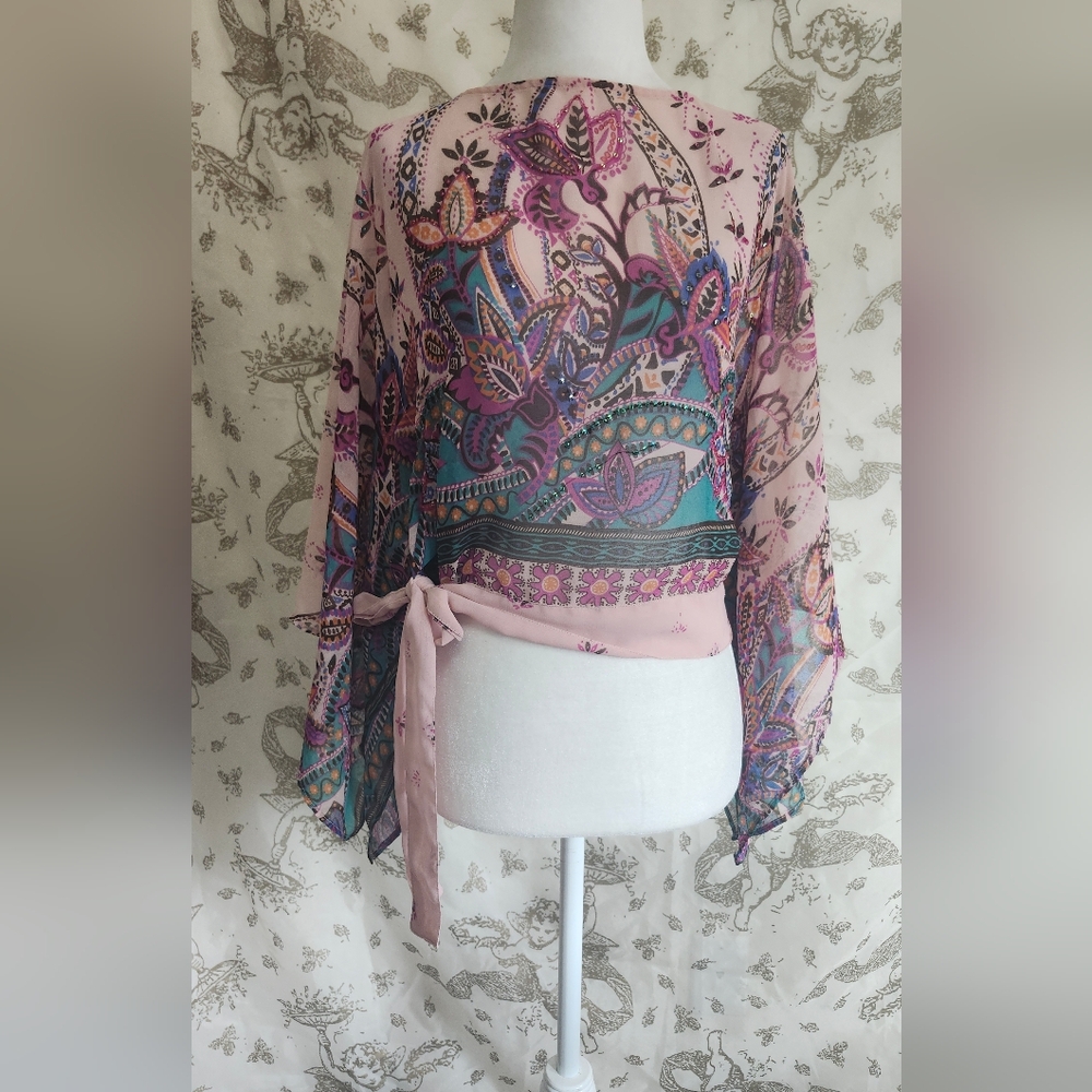 Neu Look Vintage Y2k Boho Floral Pink and Purple Sheer Tie Front Blouse Sz 1p